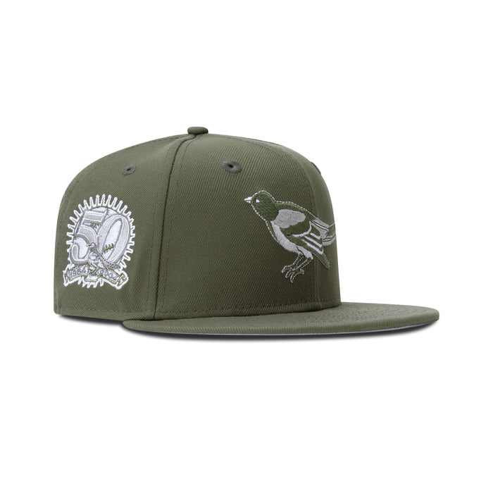 New Era Baltimore Orioles Fitted Grey Bottom "Olive" (50th Anniversary Embroidery)