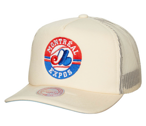 Mitchell & Ness Montreal Expos Evergreen Trucker Coop Snapback Sky Bottom "Off White Royal Red"