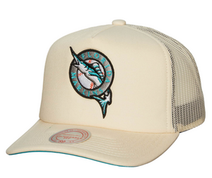 Mitchell & Ness Florida Marlins Evergreen Trucker Coop Snapback Teal Bottom "Off White Teal"