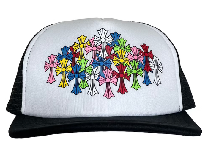Chrome Hearts Multi Color Crosses Trucker Snapback Hat "White Black"