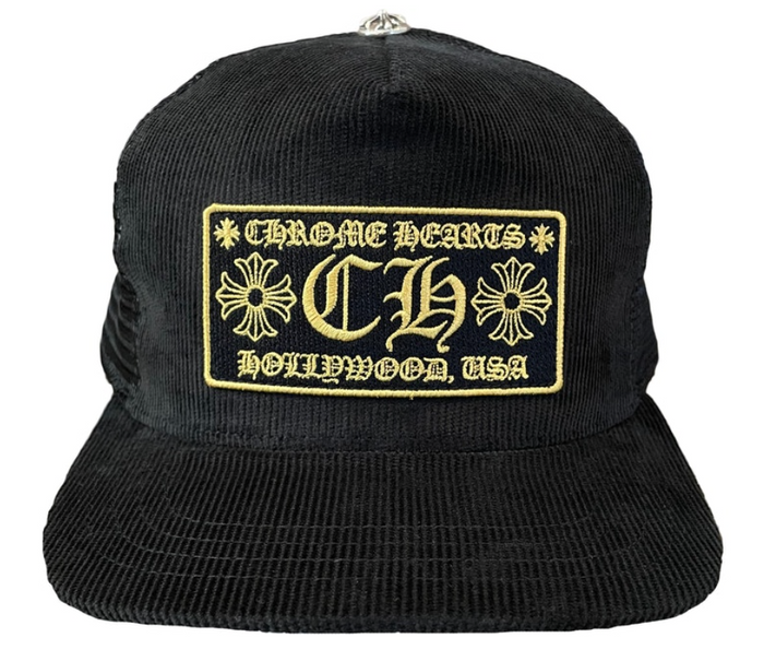 Chrome Hearts CH Hollywood Corduroy Trucker Snap back Hat "Black Gold"